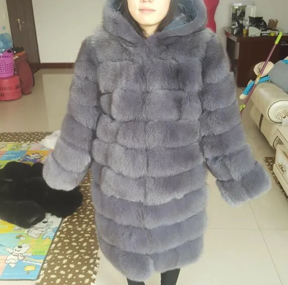 90cm real fox fur coat women's long blue coats Fox fur coat jacket hood