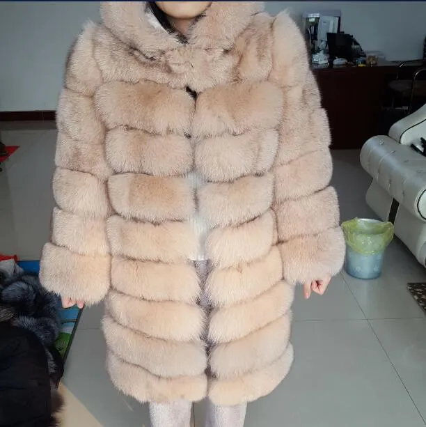 90cm real fox fur coat women's long blue coats Fox fur coat jacket hood