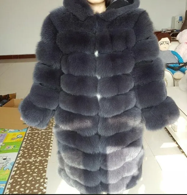 90cm real fox fur coat women's long blue coats Fox fur coat jacket hood