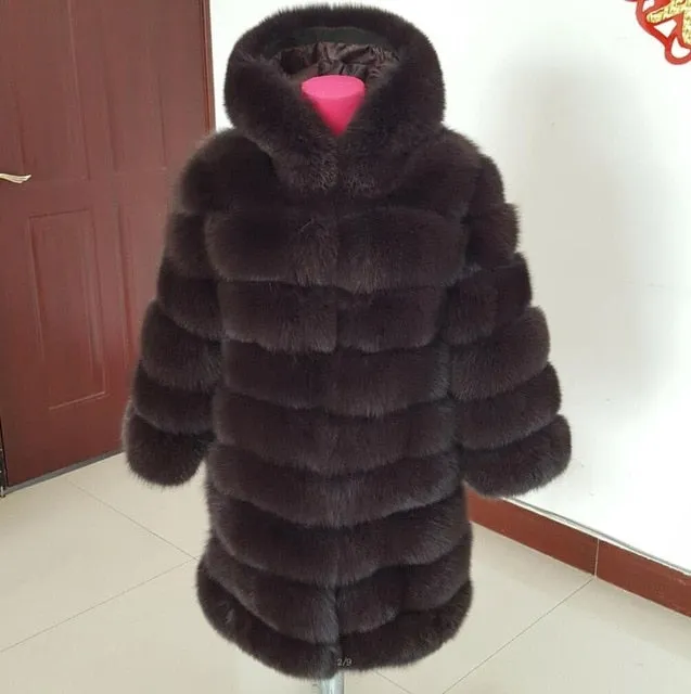 90cm real fox fur coat women's long blue coats Fox fur coat jacket hood