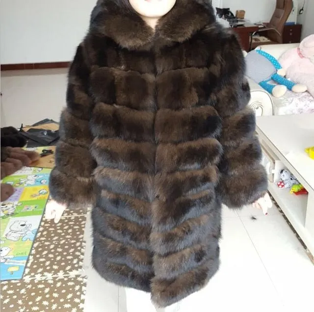 90cm real fox fur coat women's long blue coats Fox fur coat jacket hood