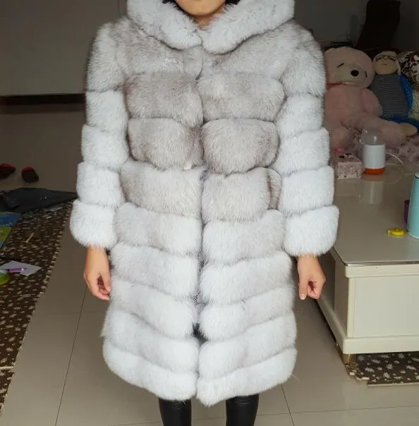 90cm real fox fur coat women's long blue coats Fox fur coat jacket hood