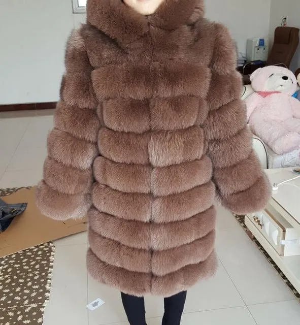 90cm real fox fur coat women's long blue coats Fox fur coat jacket hood