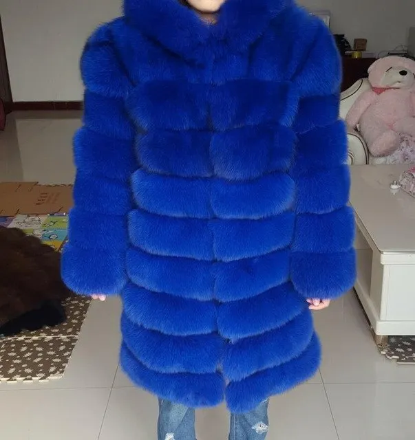 90cm real fox fur coat women's long blue coats Fox fur coat jacket hood