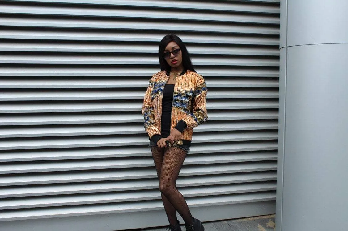 African Bomber Jacket in Gold Orange Print - Festival Jacket