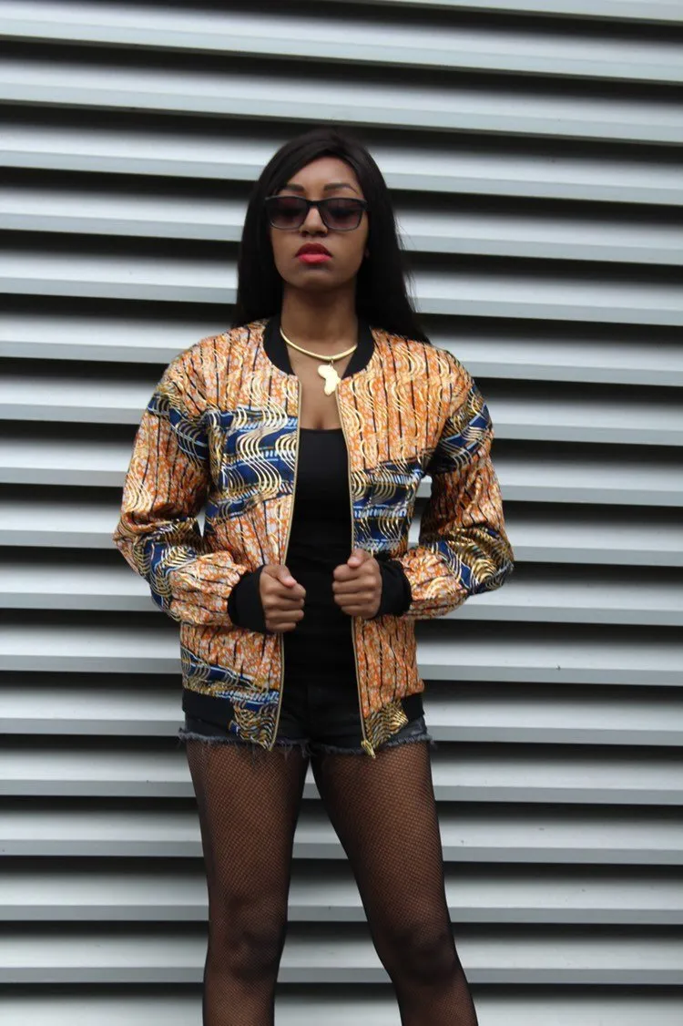 African Bomber Jacket in Gold Orange Print - Festival Jacket