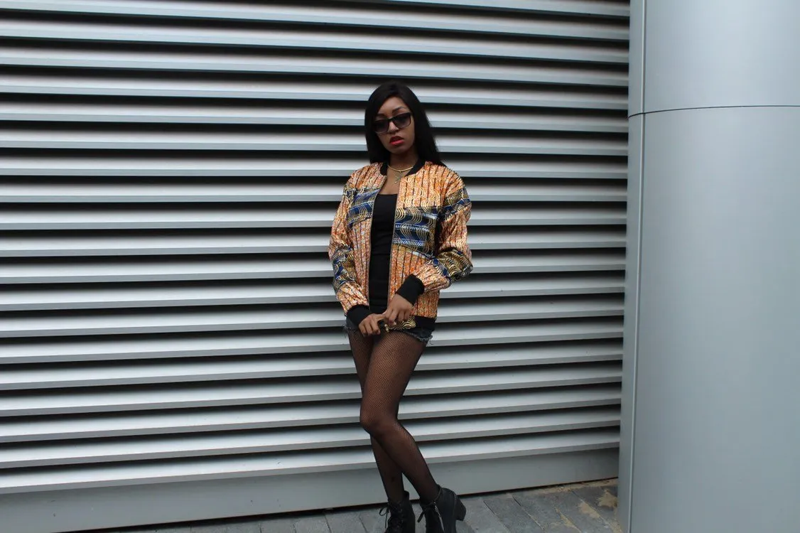 African Bomber Jacket in Gold Orange Print - Festival Jacket