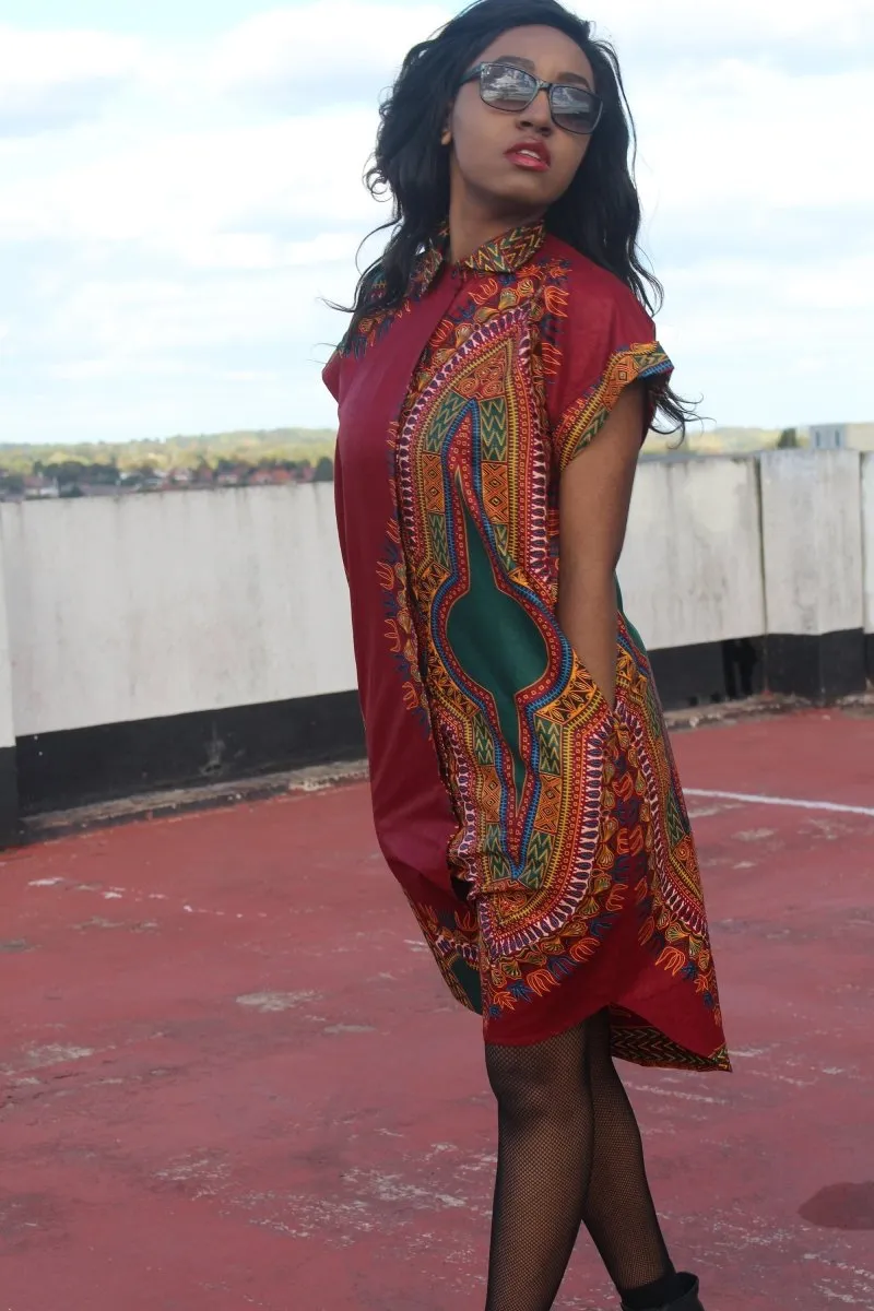 African Shirt Dress in Red Dashiki