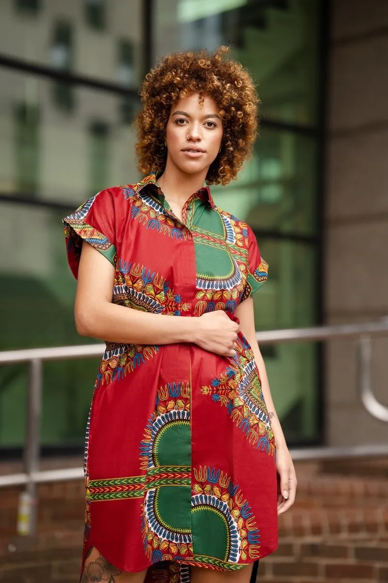 African Shirt Dress in Red Dashiki