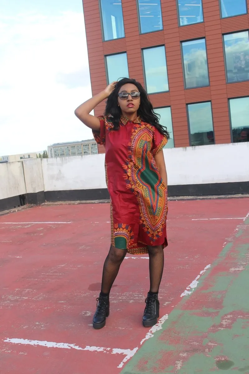 African Shirt Dress in Red Dashiki