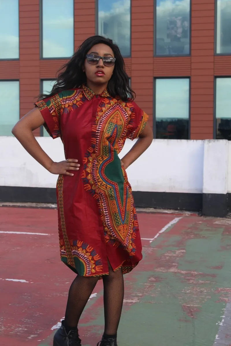 African Shirt Dress in Red Dashiki