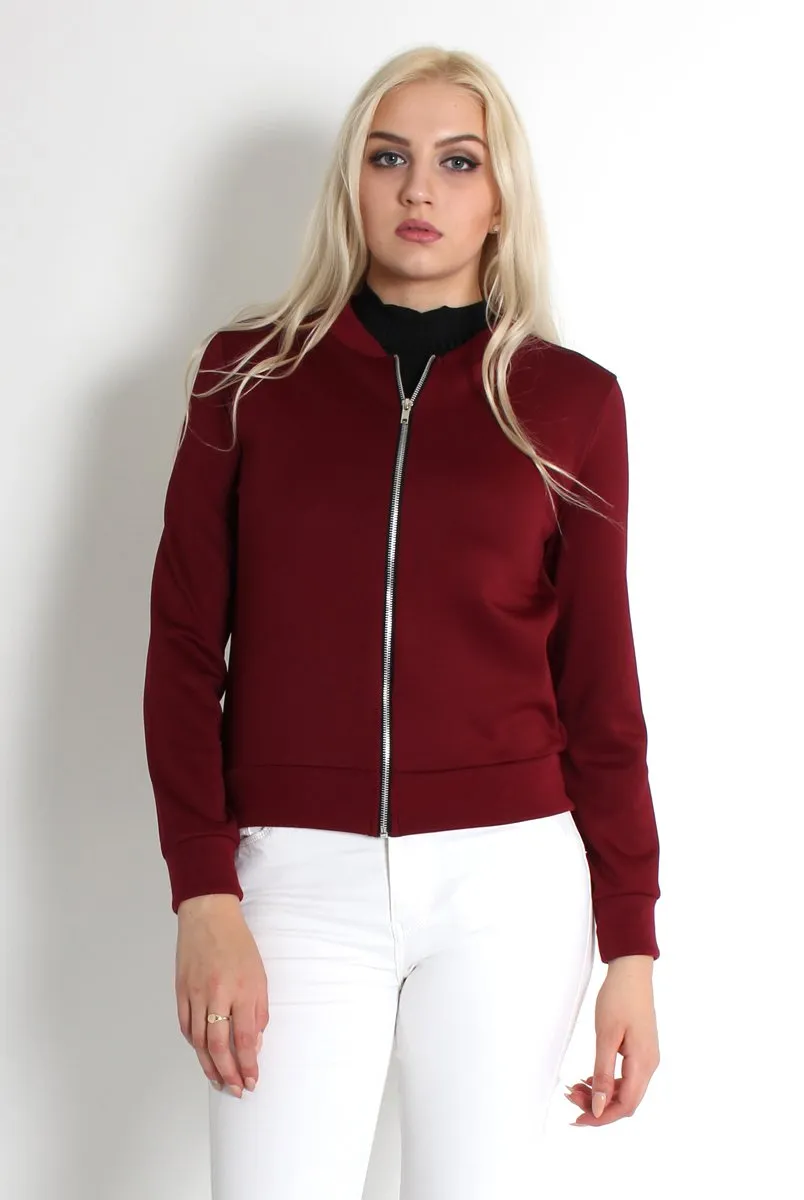 Alexus Wine Zip Front Bomber Jacket