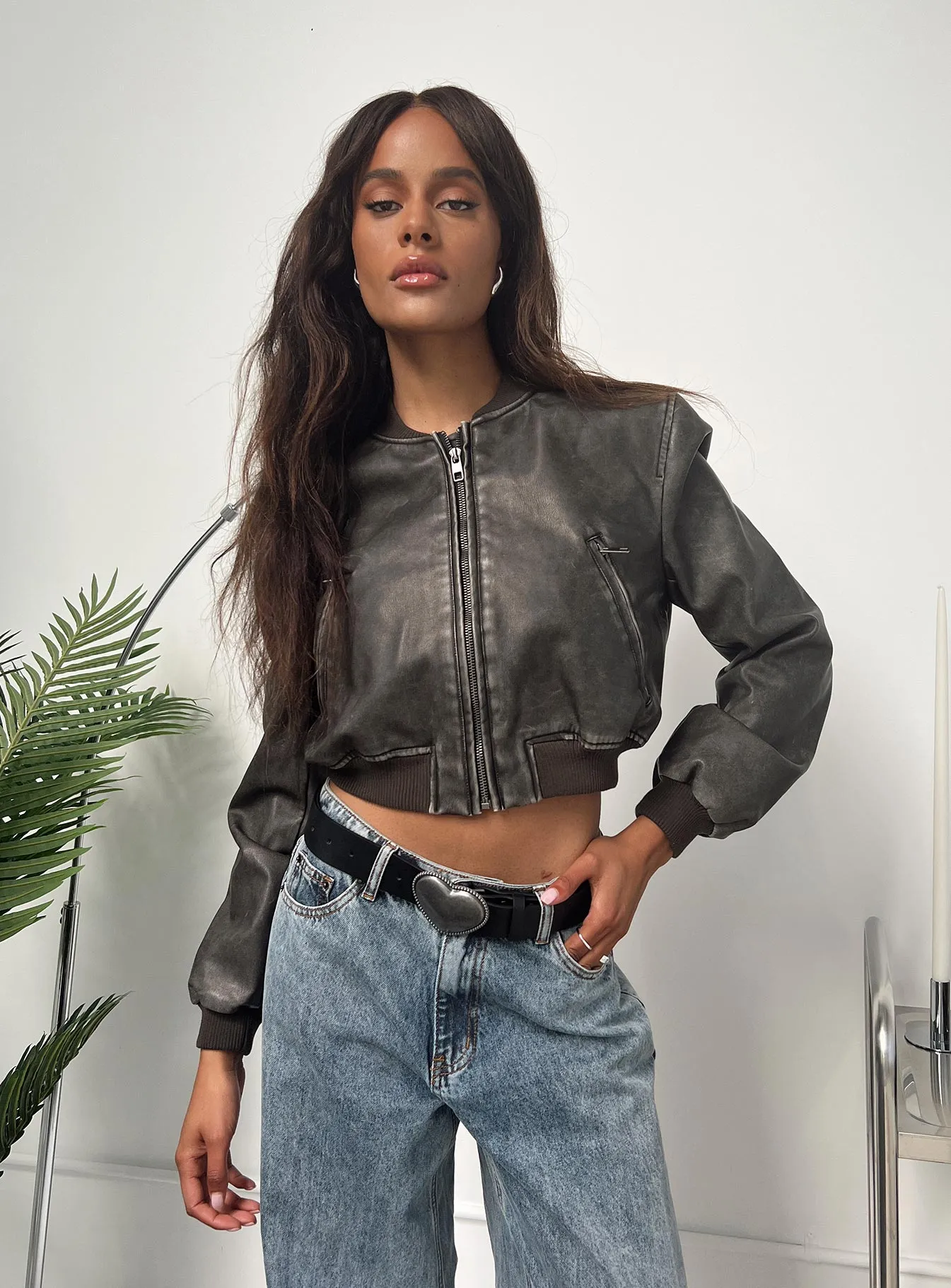 Charcoal Faux Leather Bomber Jacket with Alluring Design