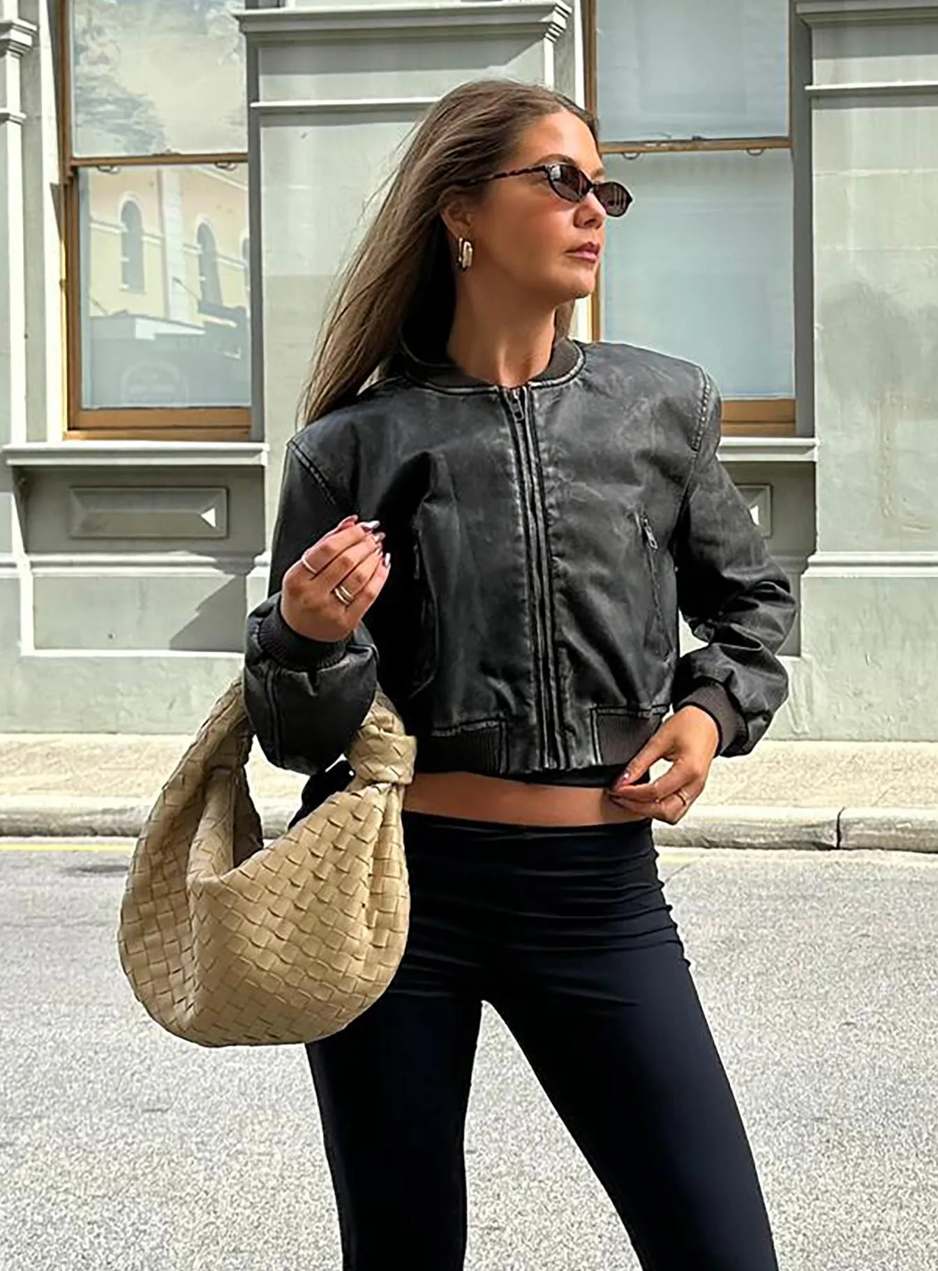 Charcoal Faux Leather Bomber Jacket with Alluring Design