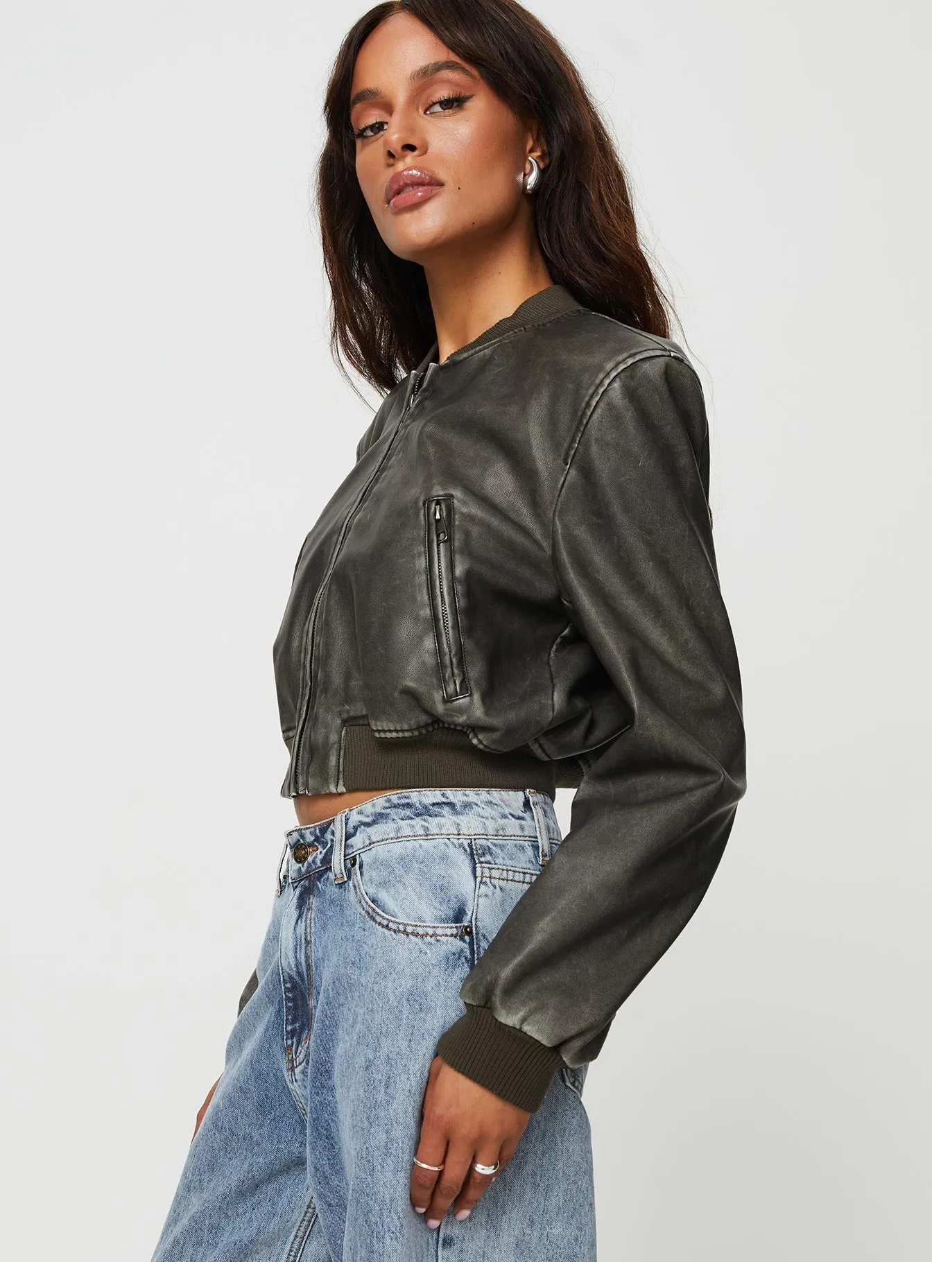 Charcoal Faux Leather Bomber Jacket with Alluring Design