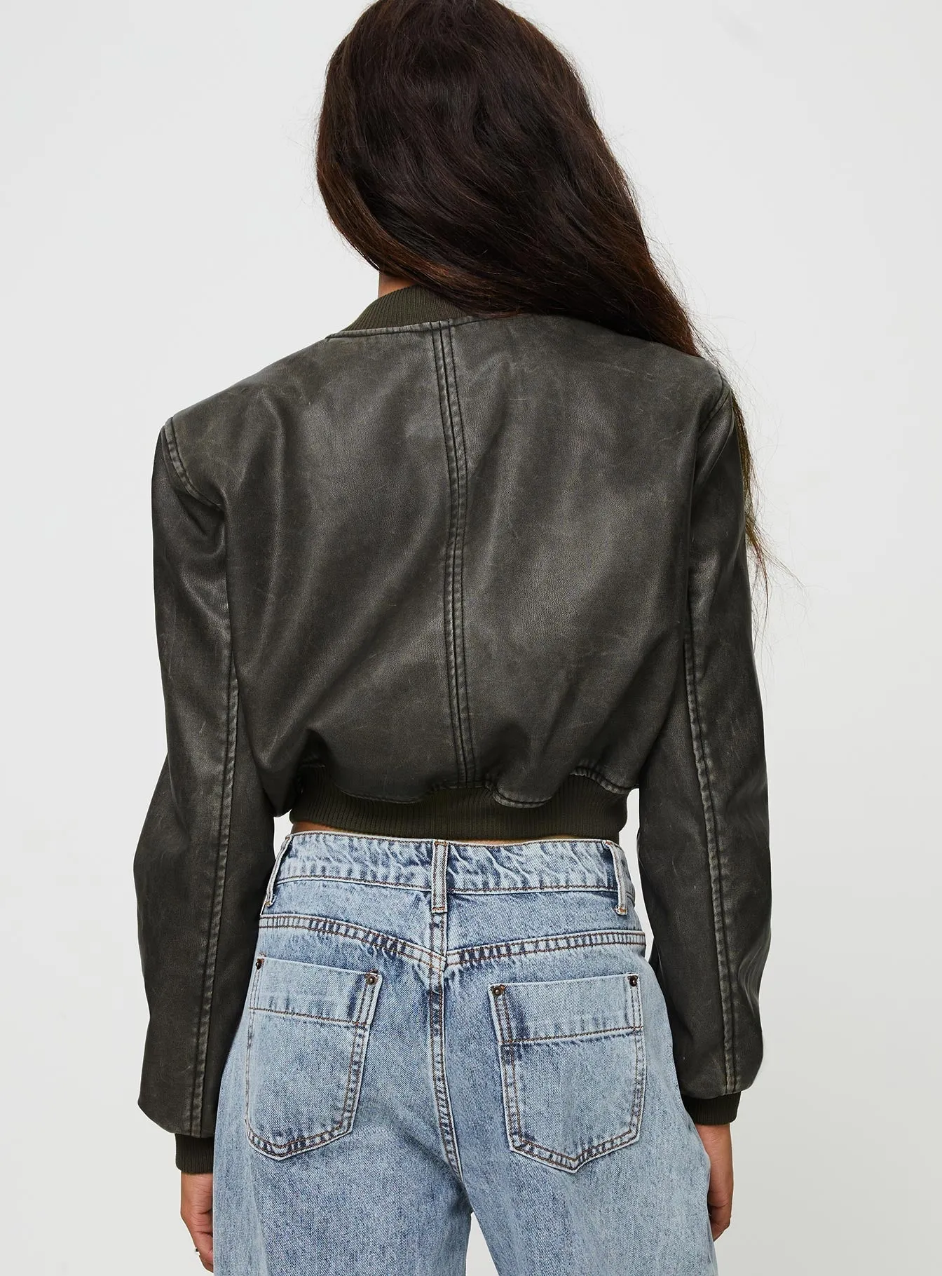 Charcoal Faux Leather Bomber Jacket with Alluring Design