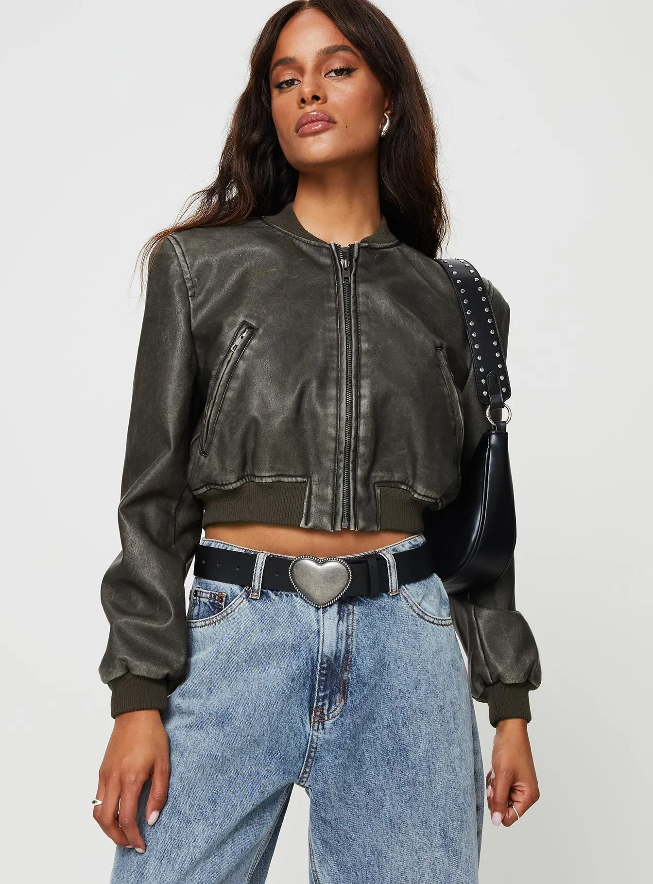 Charcoal Faux Leather Bomber Jacket with Alluring Design