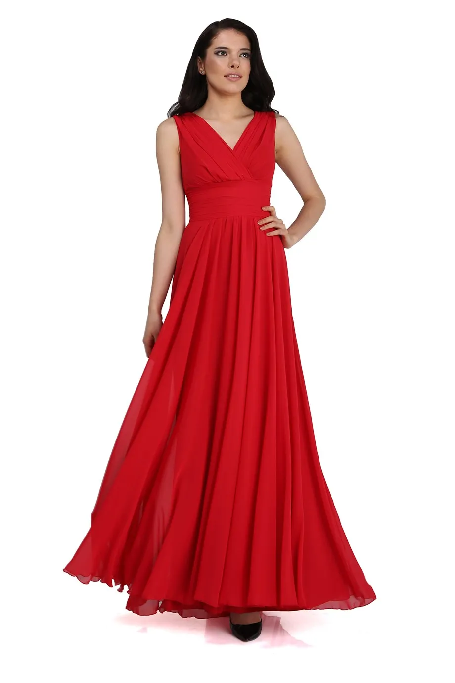 Angelino Red Chiffon V -Neck Long Evening Dress