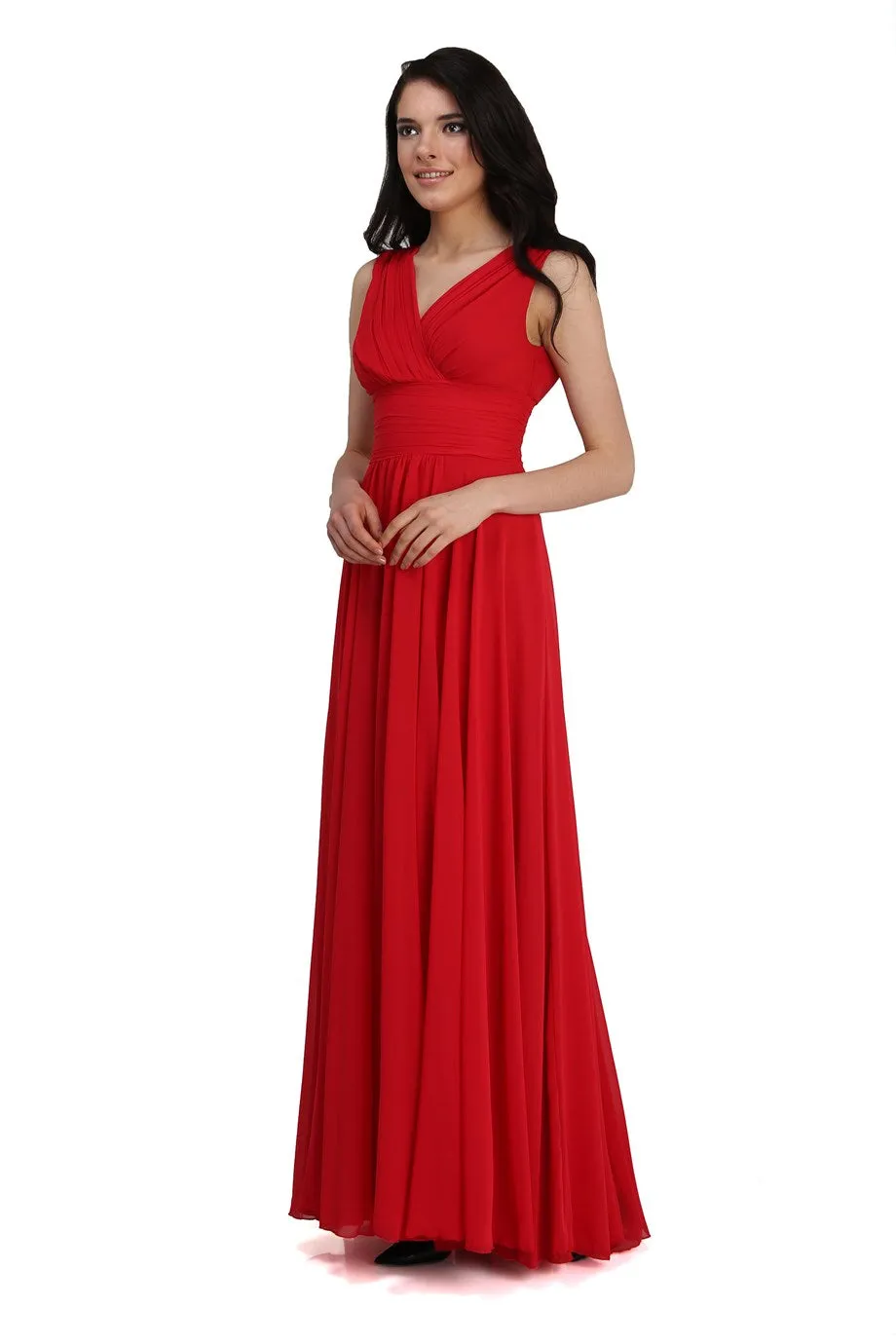 Angelino Red Chiffon V -Neck Long Evening Dress