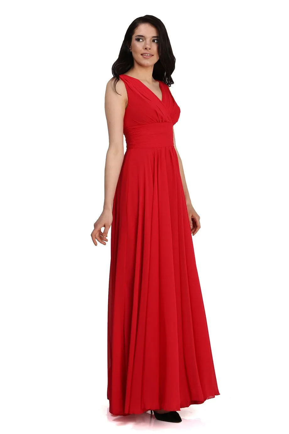 Angelino Red Chiffon V -Neck Long Evening Dress