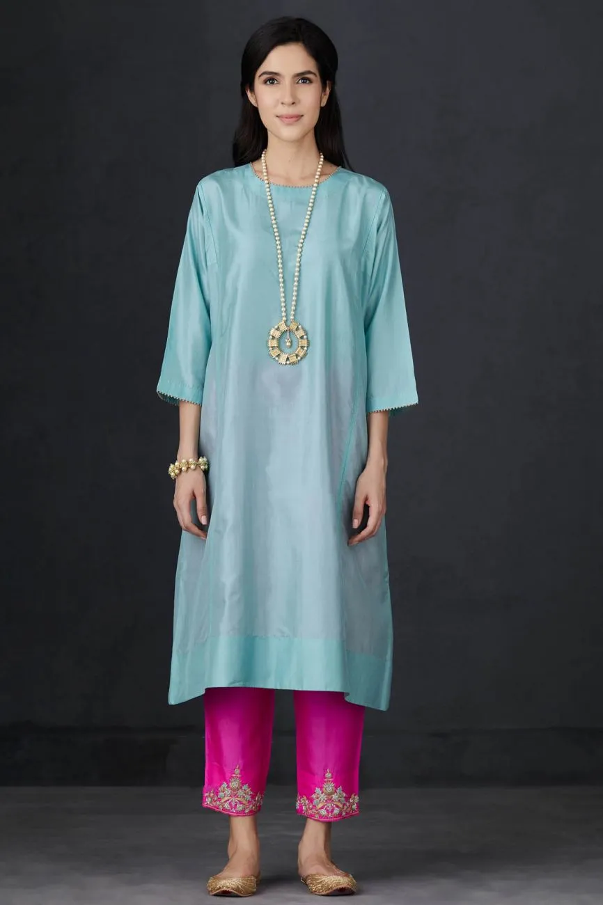 Aqua And Pink Embroidered Tunic Set