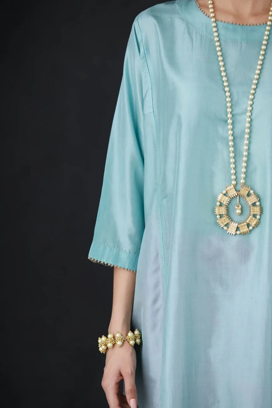 Aqua And Pink Embroidered Tunic Set