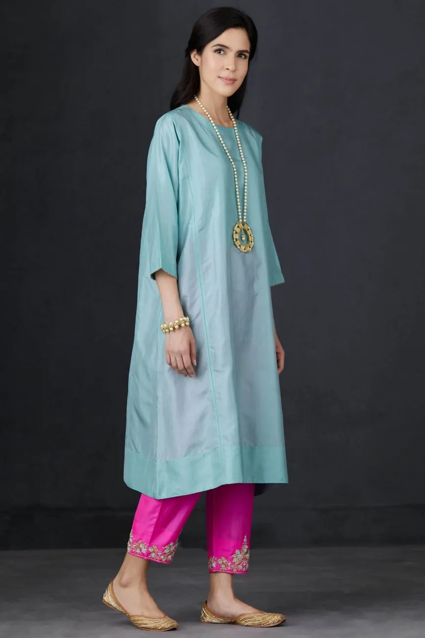 Aqua And Pink Embroidered Tunic Set