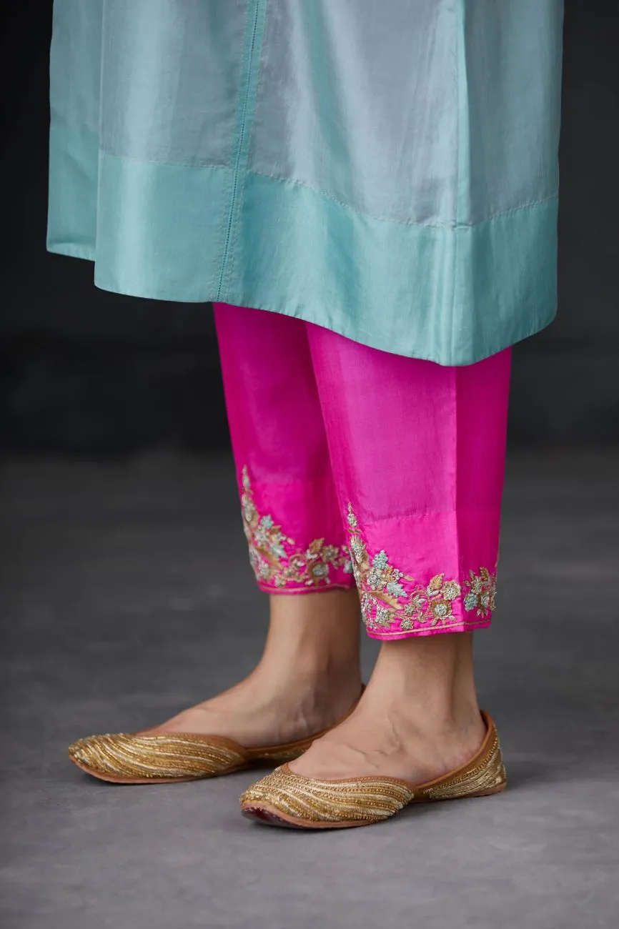 Aqua And Pink Embroidered Tunic Set