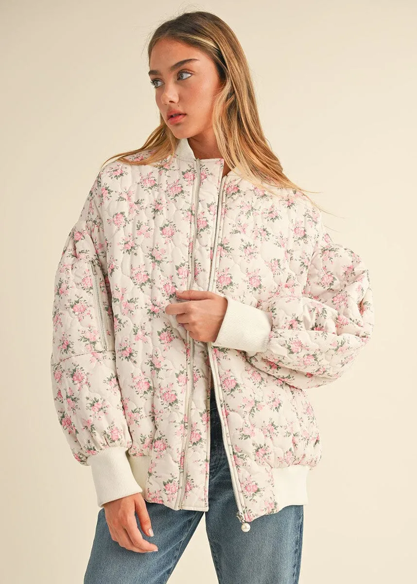 Womens Ava Floral Quilted Bomber Jacket - Elegant Off White