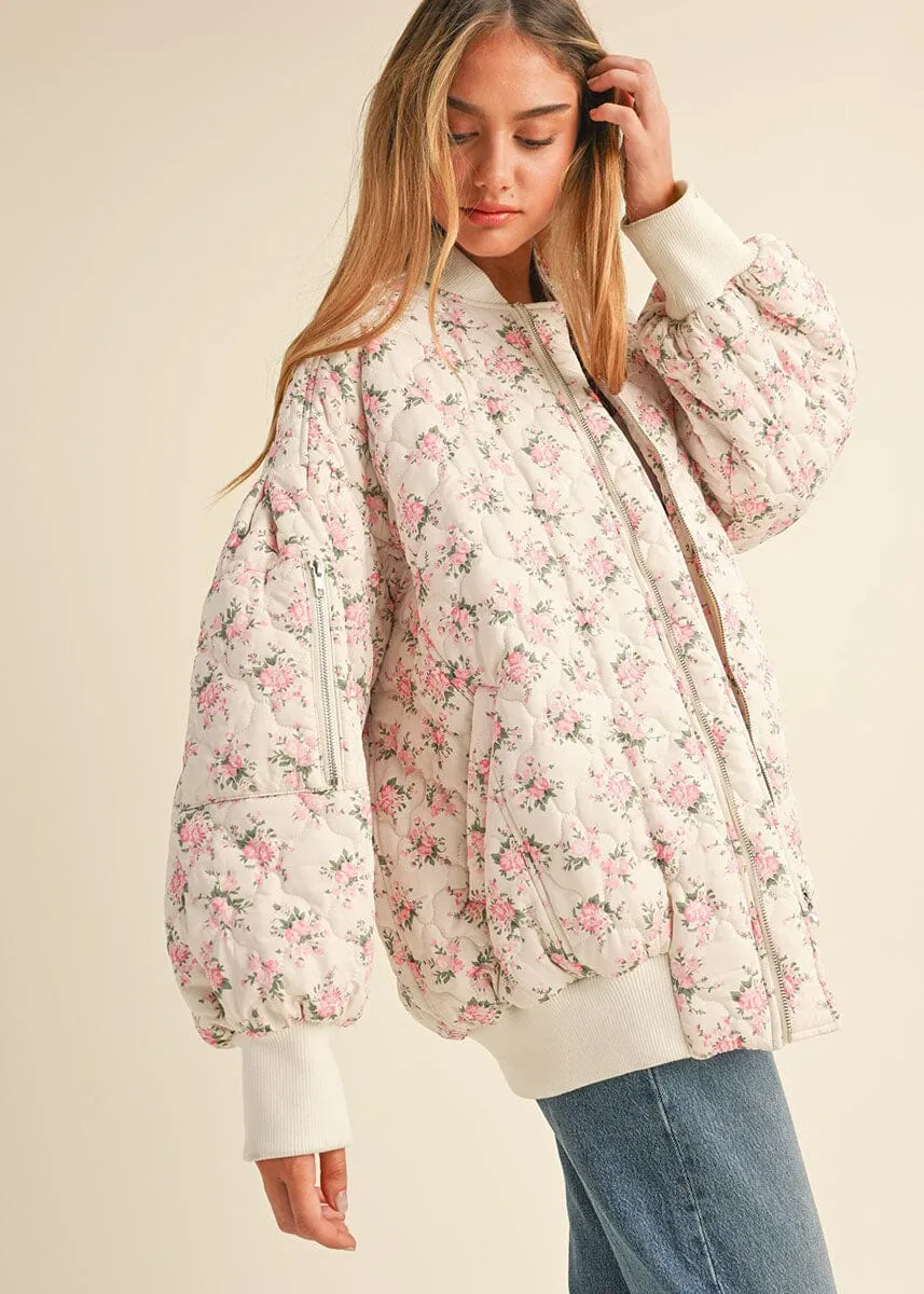 Womens Ava Floral Quilted Bomber Jacket - Elegant Off White