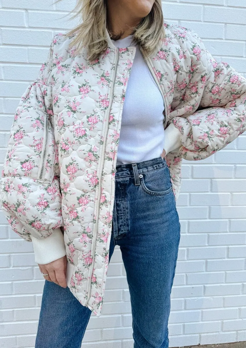 Womens Ava Floral Quilted Bomber Jacket - Elegant Off White