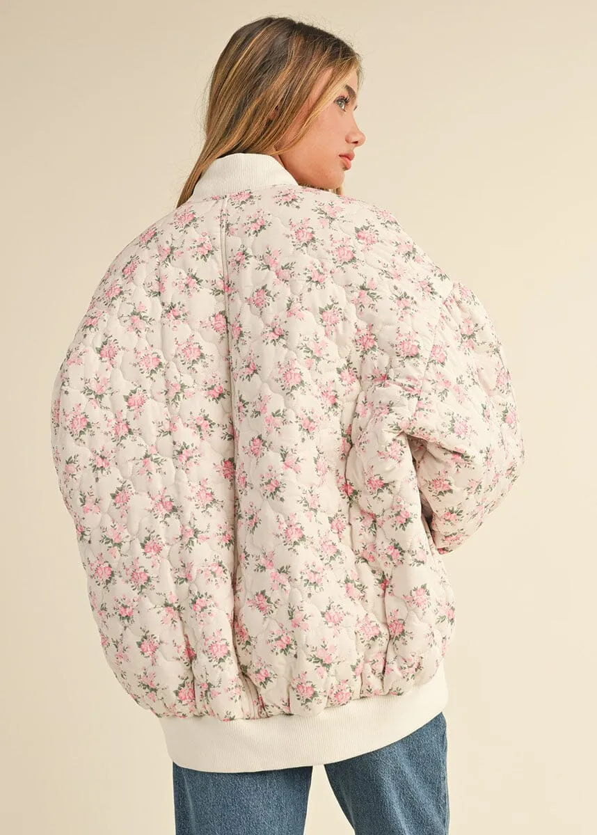 Womens Ava Floral Quilted Bomber Jacket - Elegant Off White