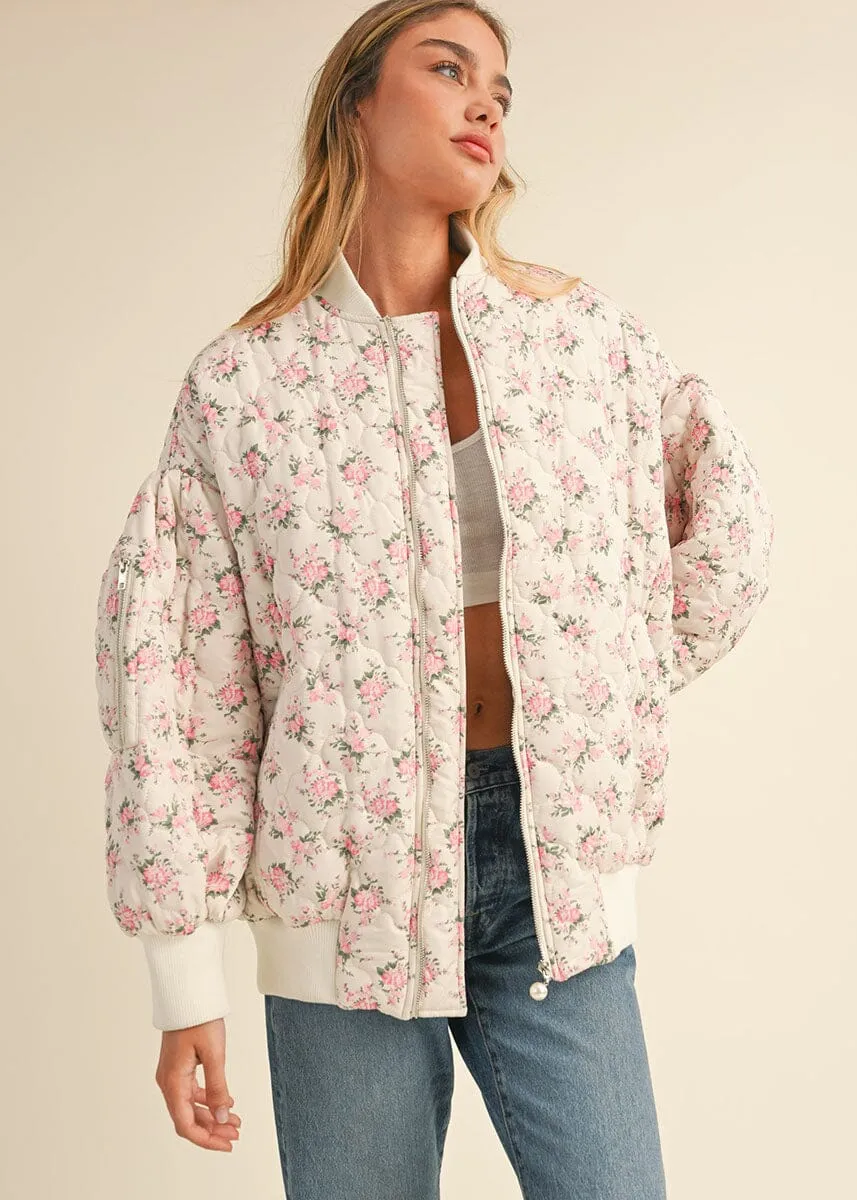 Womens Ava Floral Quilted Bomber Jacket - Elegant Off White