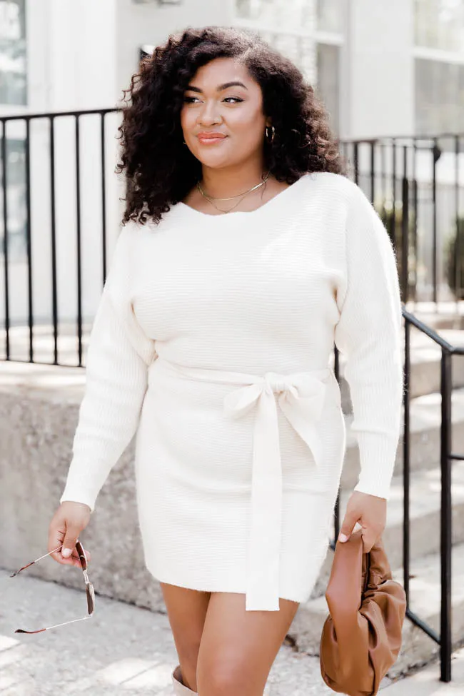 Been Awhile Cream Belted Long Sleeve Sweater Dress