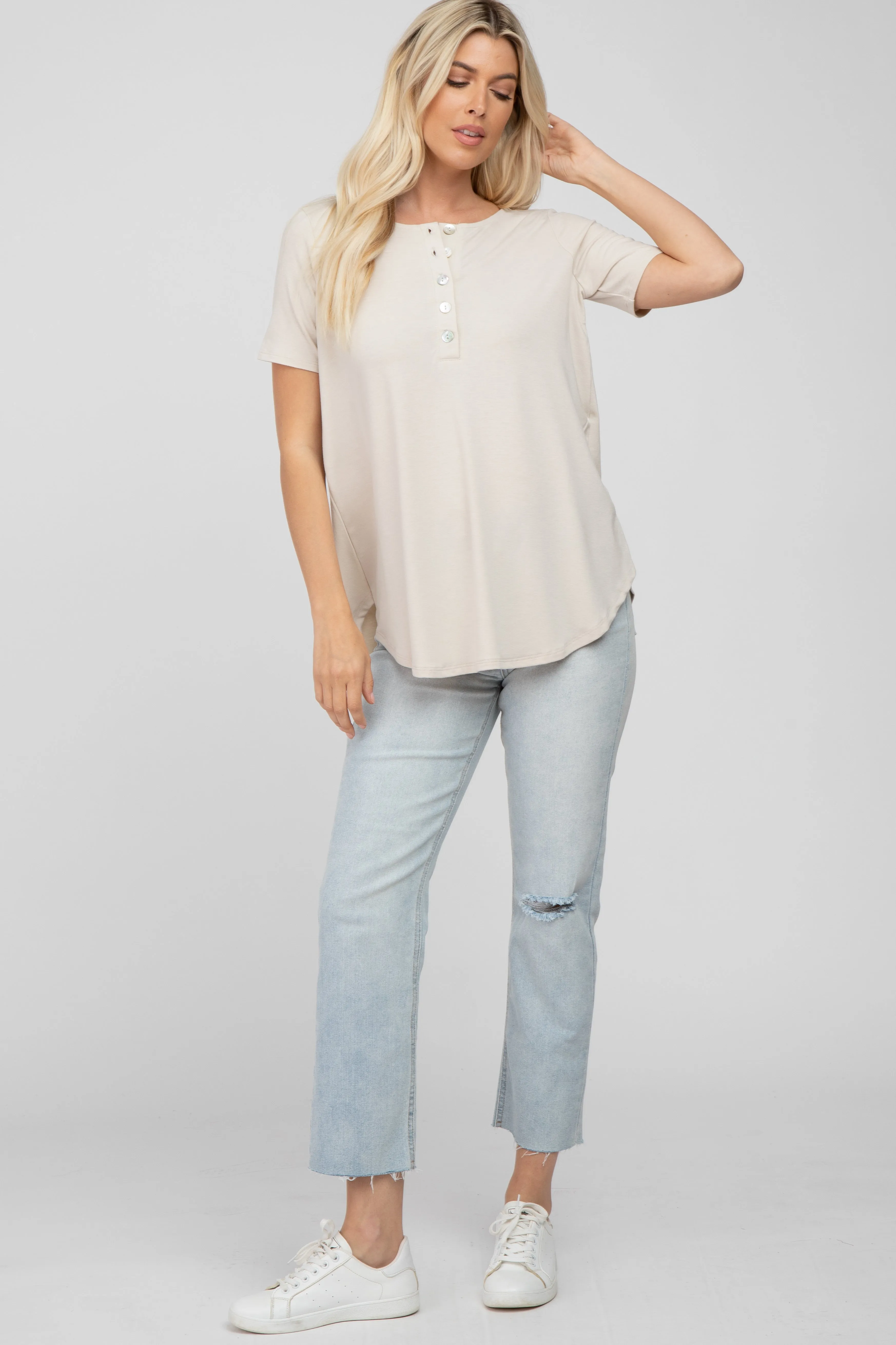 Beige Button Down Short Sleeve Top