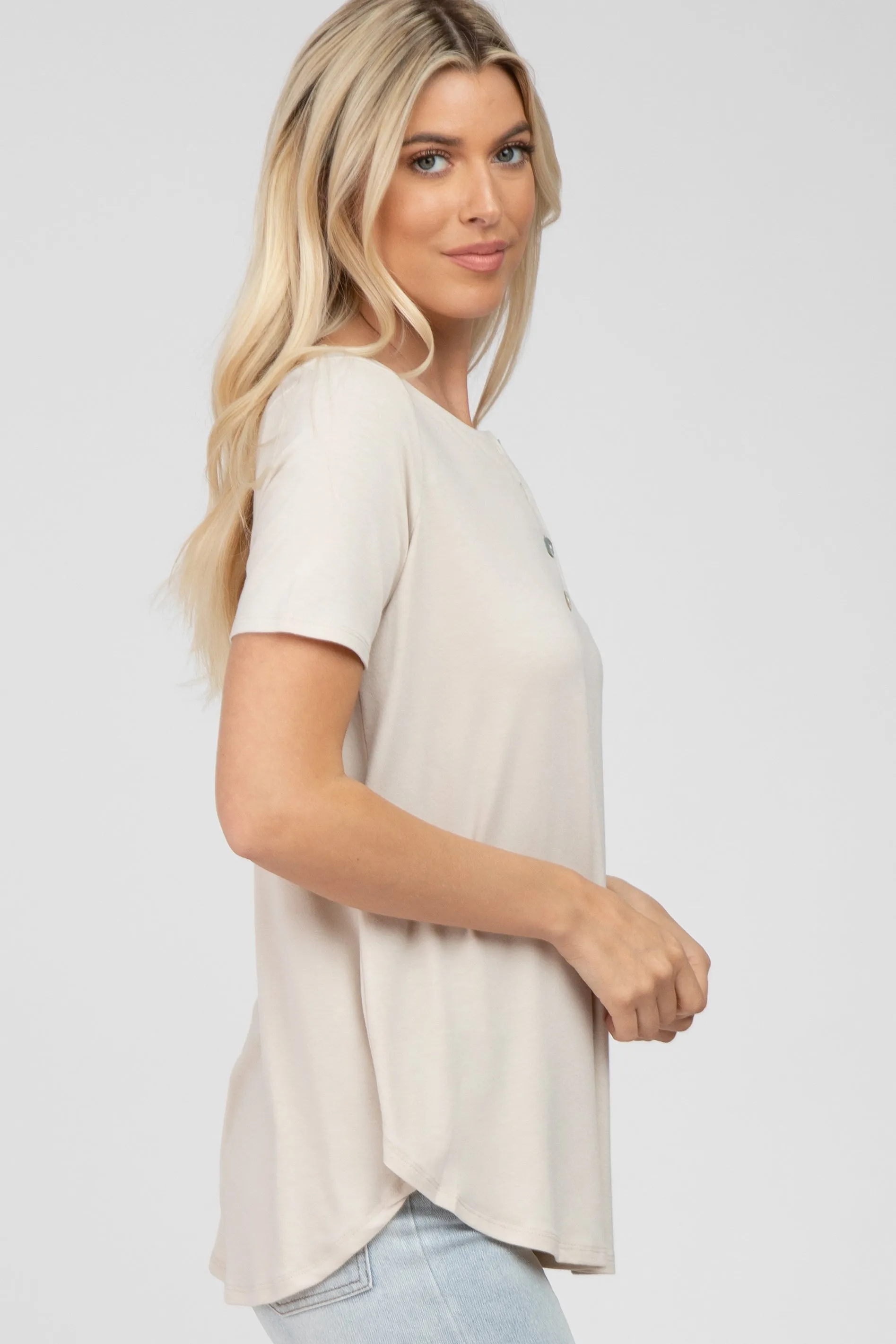 Beige Button Down Short Sleeve Top