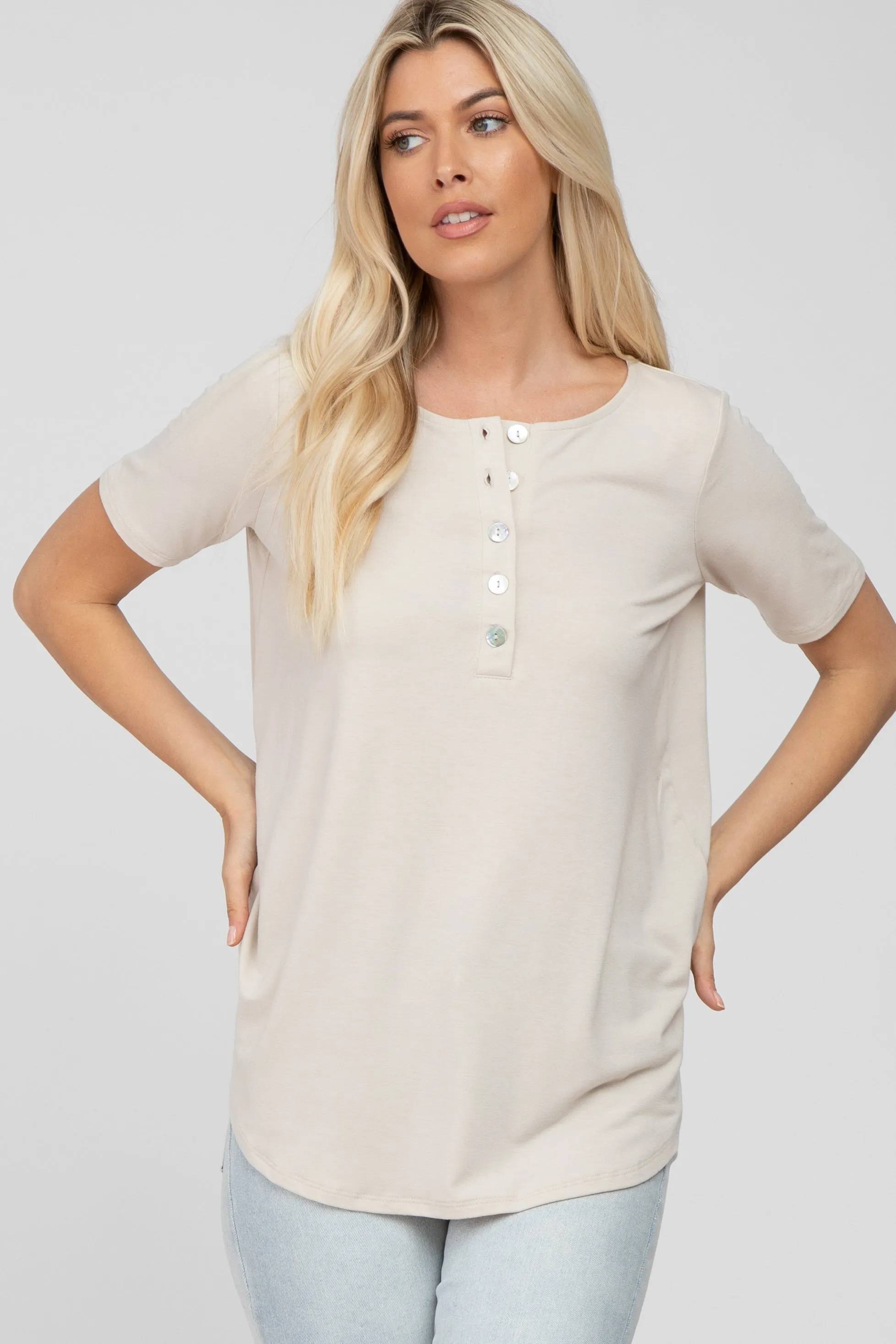 Beige Button Down Short Sleeve Top