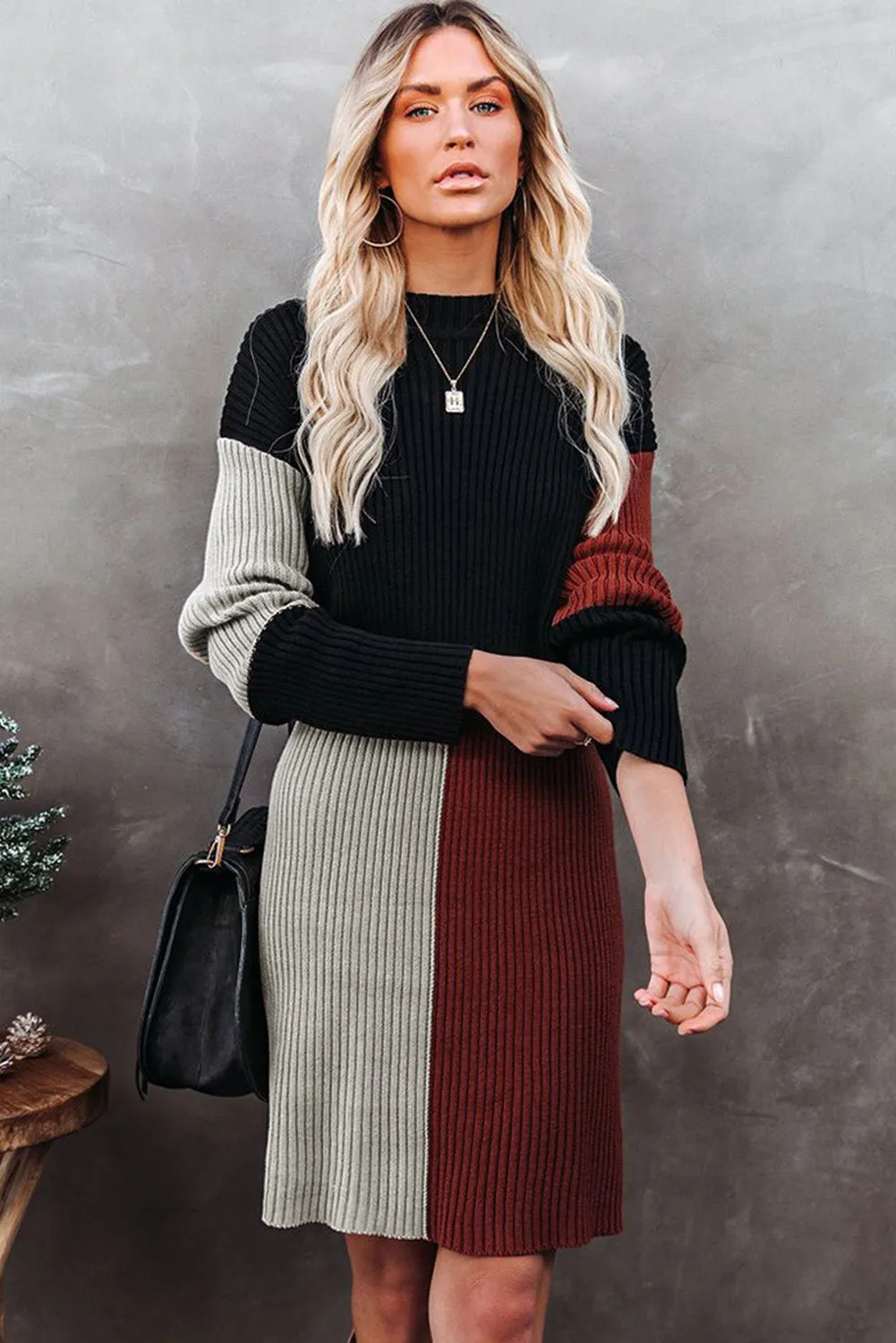 Black Color Block Knit Sweater Dress