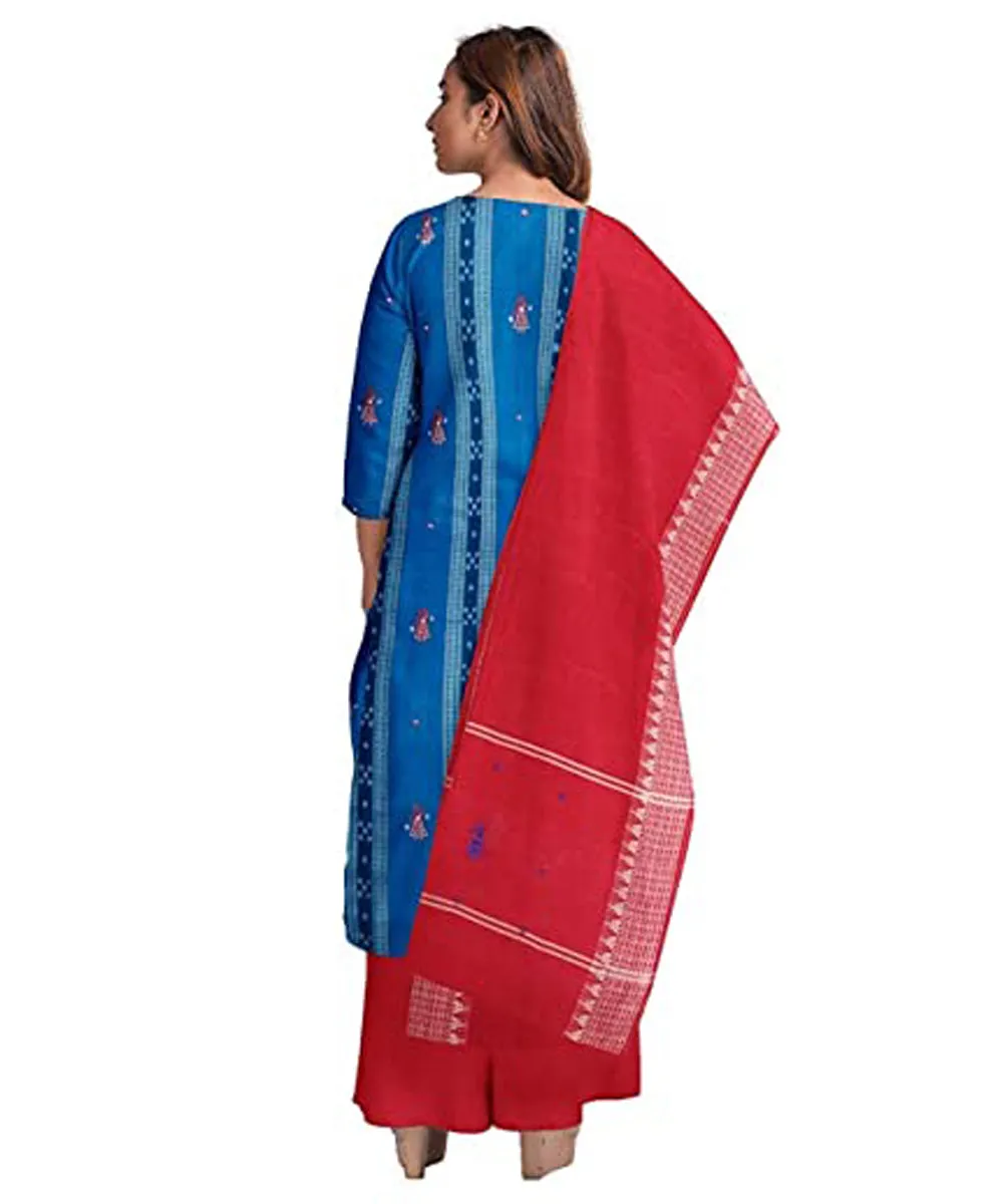 Blue red hand woven nuapatna cotton dress material