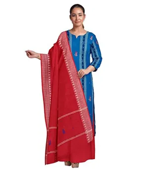 Blue red hand woven nuapatna cotton dress material