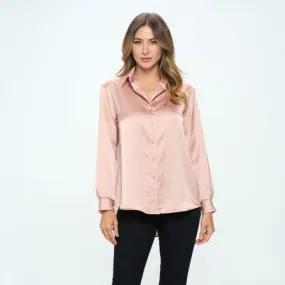 Blush Satin V-neck Button-Down