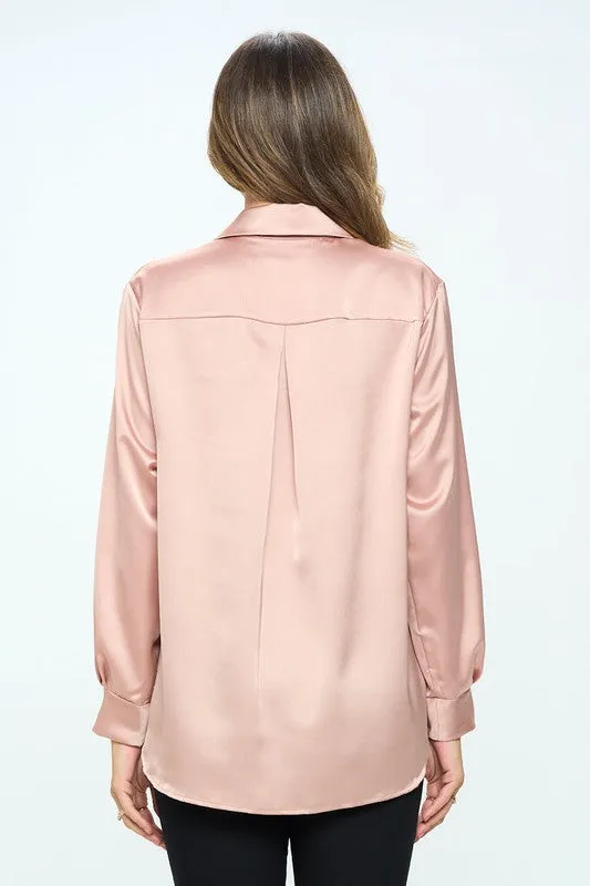 Blush Satin V-neck Button-Down