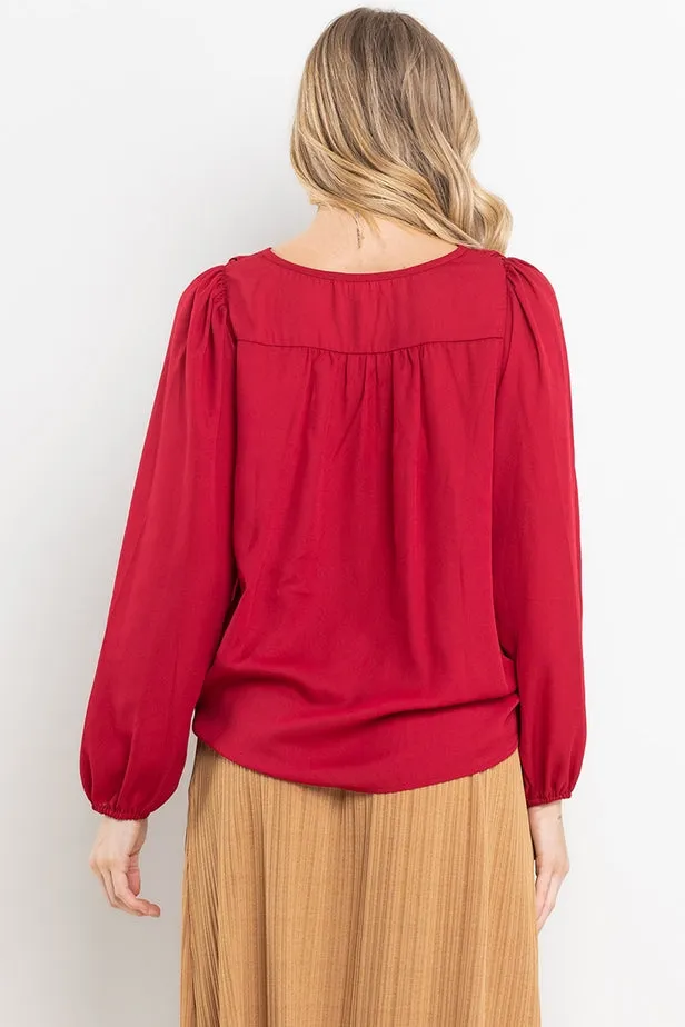 BURGUNDY SHIRRING DETAILED BUTTON DOWN BLOUSE