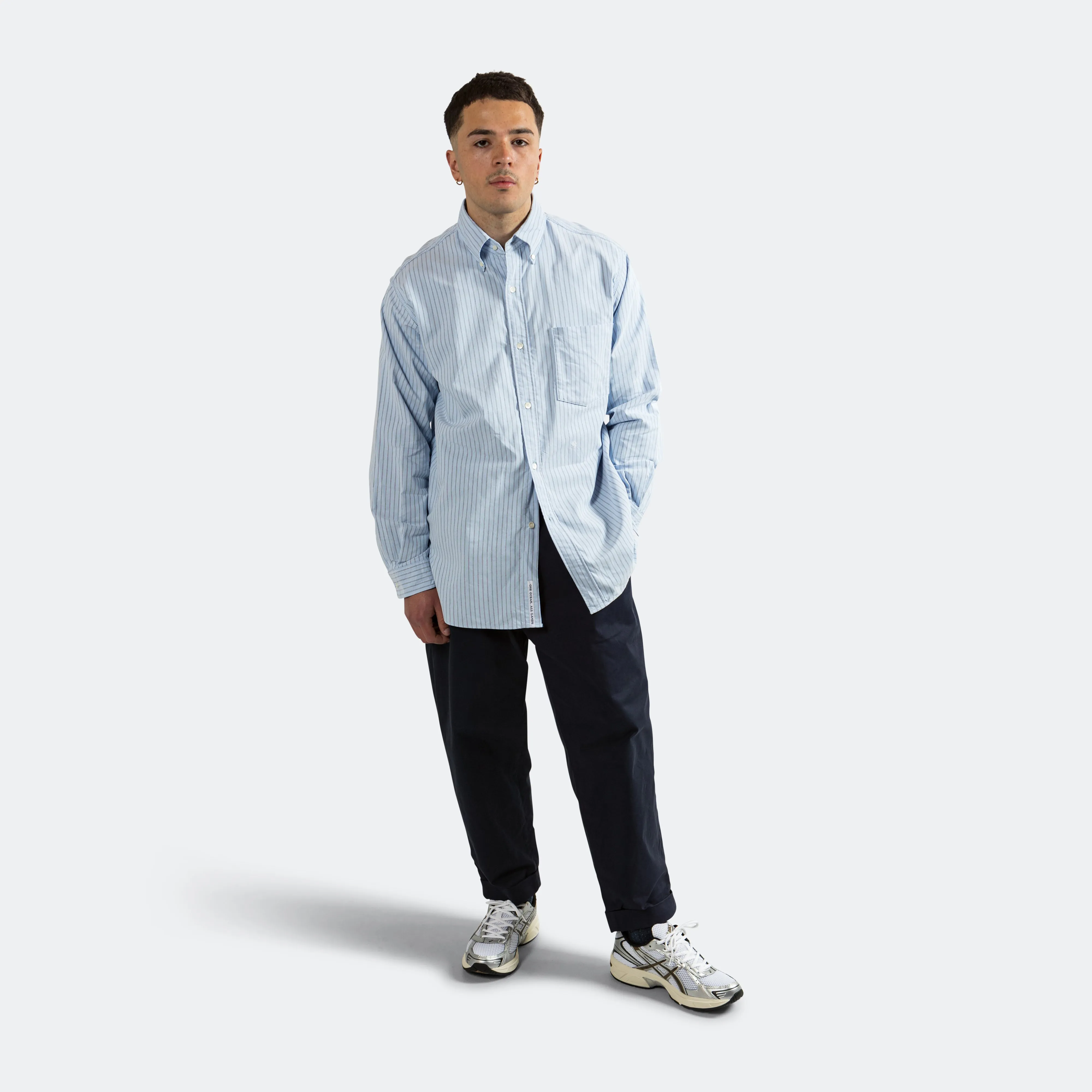 Button Down Stripe Wind Shirt - Sax