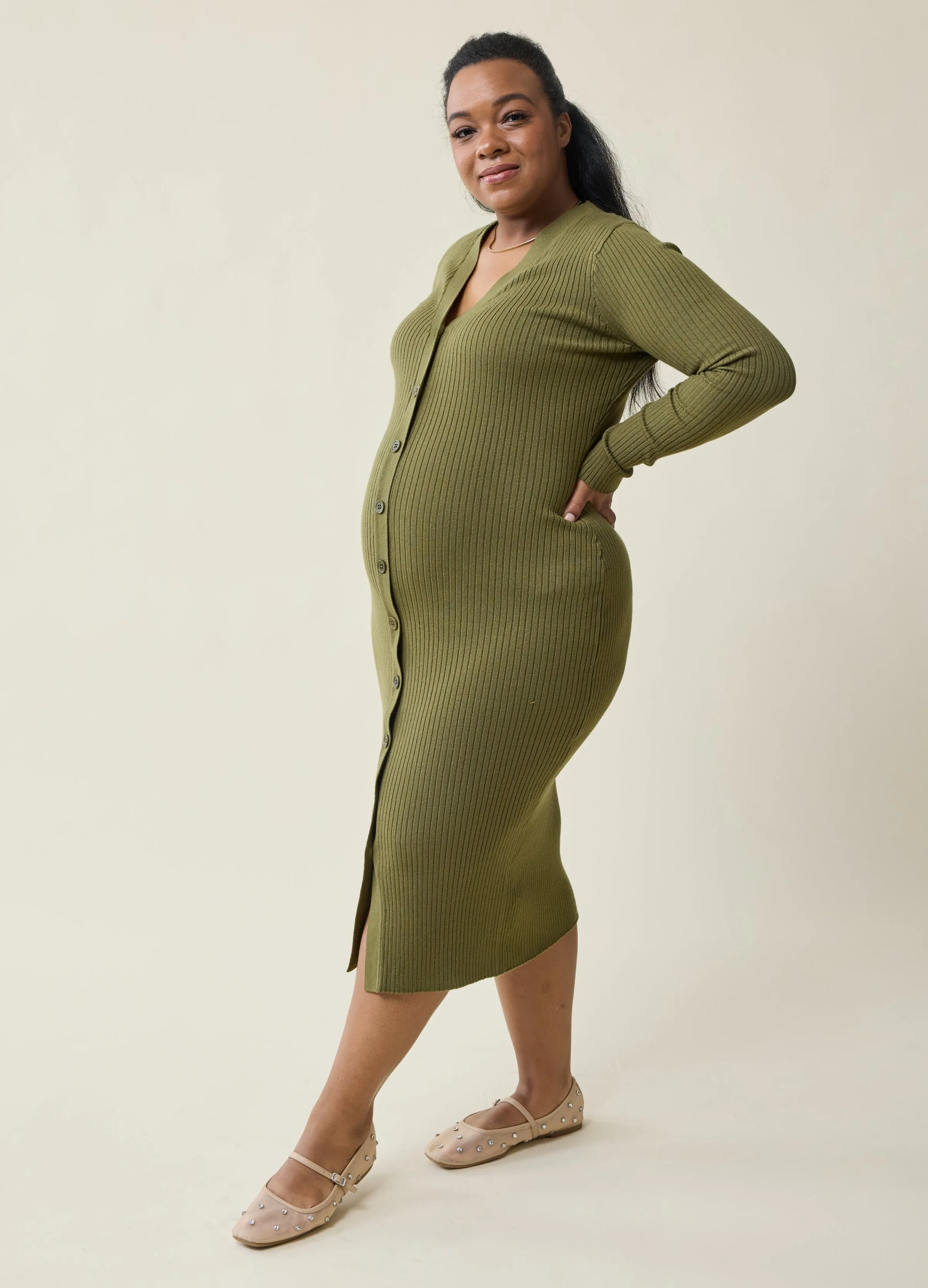 Button Down Sweater Maternity Midi Dress