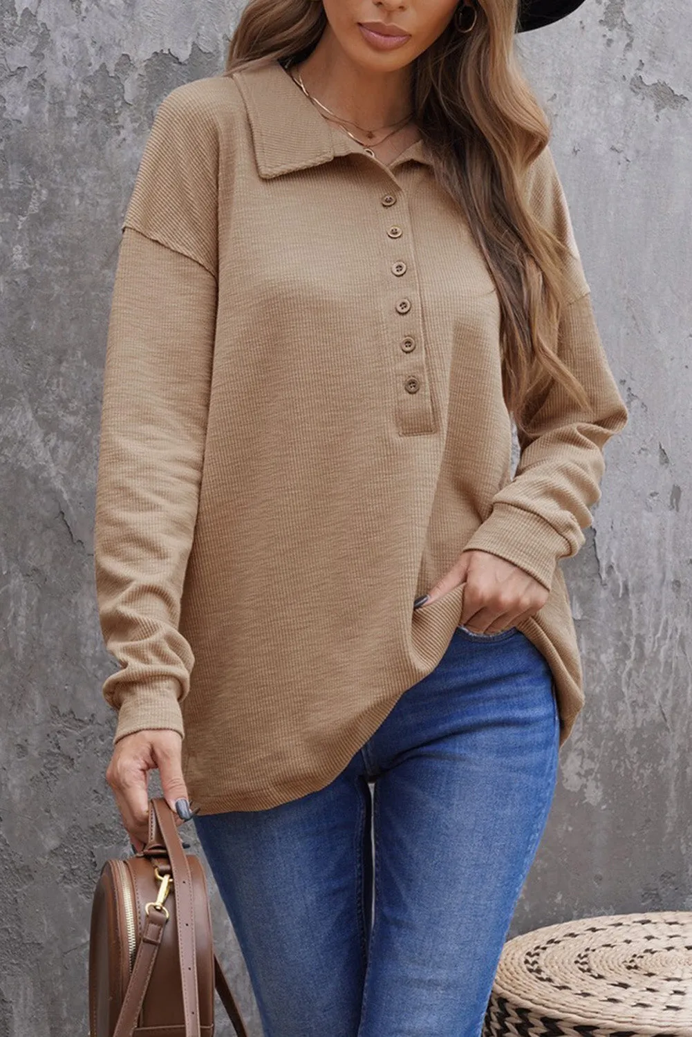 Button Turn-down Neck Knit Top