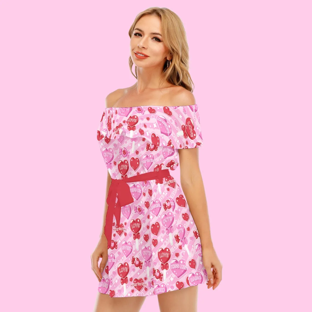 Candy Love Hearts (Red Cutie) Women's Chiffon Off Shoulder Ruffle Dress