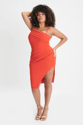 CHANTELLE Curve Asymmetric Pleat Midi Dress In Coral Red