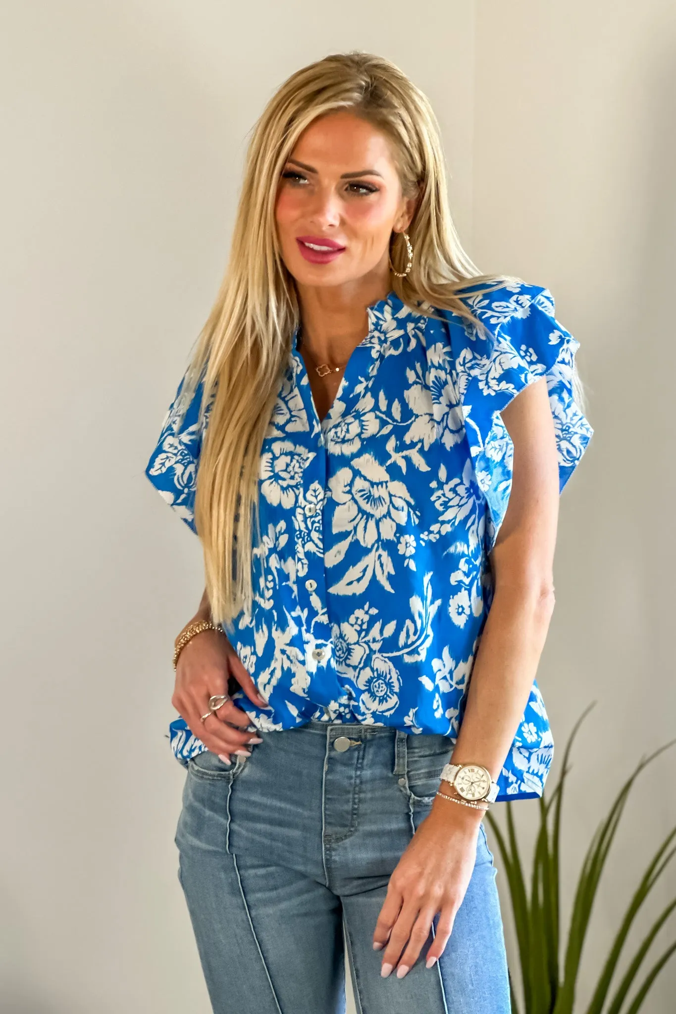 Cozumel Floral Button Down Top : Blue