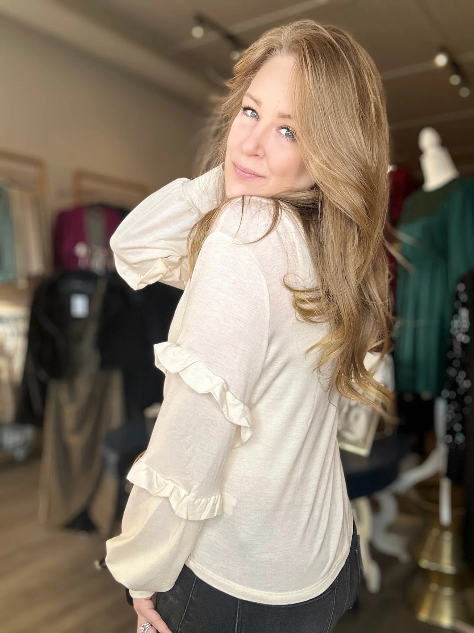 Cream Ruffled Sleeve Sweater